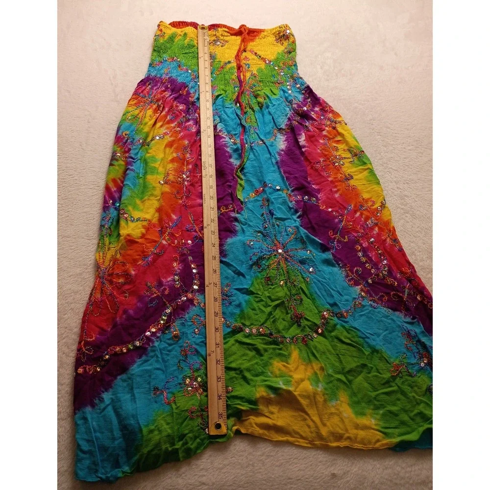 Boho Rainbow Tie Dye Smocked Sequin Embroidered Maxi Skirt Festival Dress NWOT